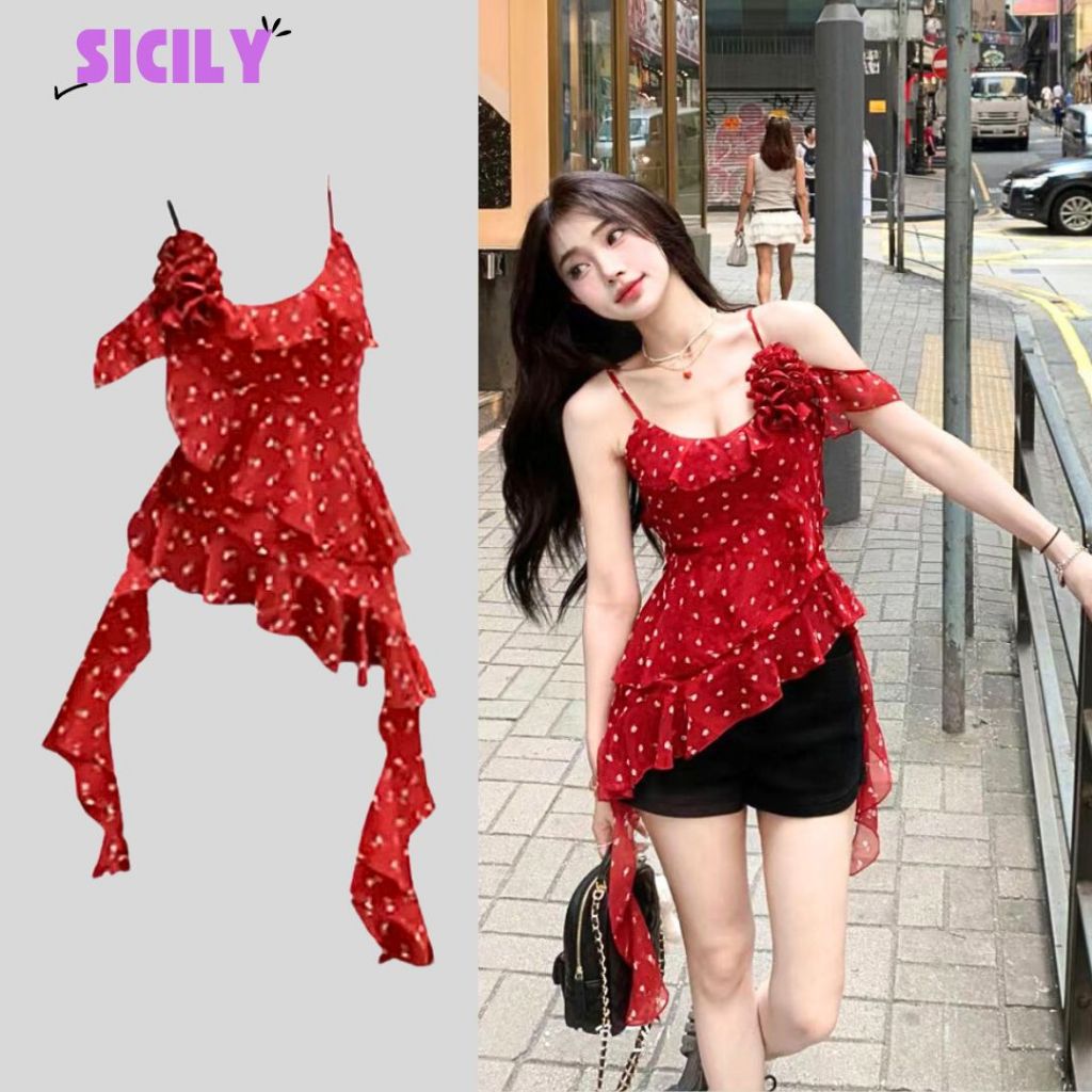 Áo hai dây chấm bi bèo tầng cách điệu Sicily CB503