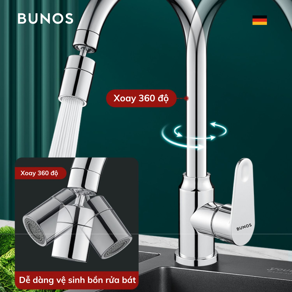 Vòi rửa chén nóng lạnh BUNOS chất liệu thép không gỉ, 2 chế đô phun nước