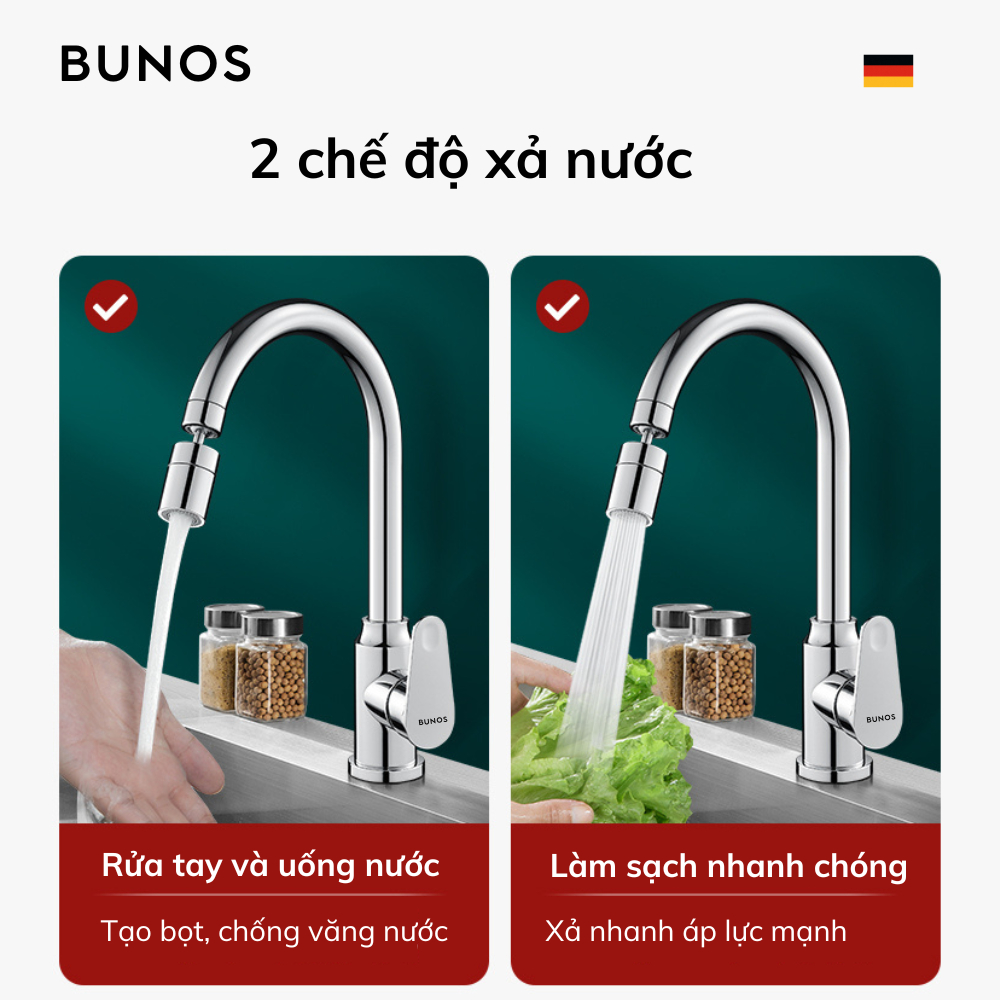 Vòi rửa chén nóng lạnh BUNOS chất liệu thép không gỉ, 2 chế đô phun nước