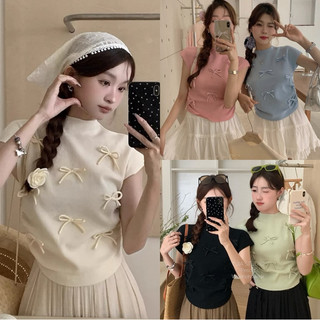 Áo croptop cổ cao đính nơ chất thun tăm trắng đen hồng xanh lá xanh dương xinh VANISA CUCTAC9