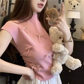 Áo croptop cổ cao đính nơ chất thun tăm trắng đen hồng xanh lá xanh dương xinh VANISA CUCTAC9