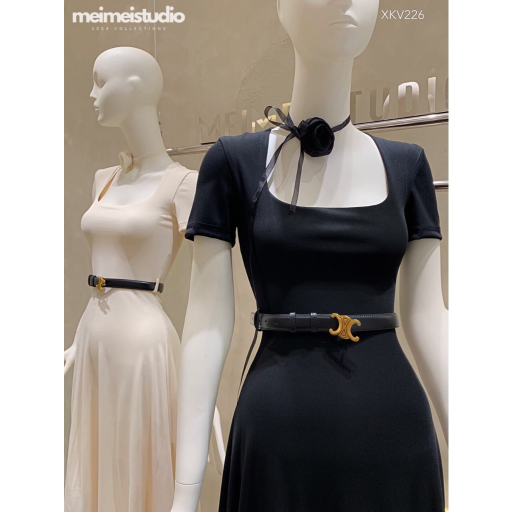 Đầm váy cộc tay cổ thang kèm đai dáng xòe, Váy tay ngắn hở cổ chiết eo kèm belt dáng dài thanh lịch sang chảnh