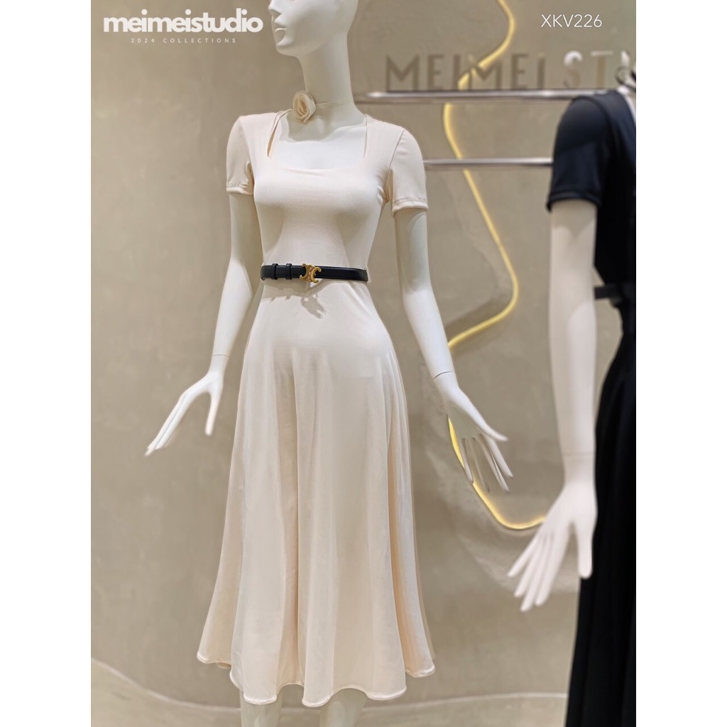 Đầm váy cộc tay cổ thang kèm đai dáng xòe, Váy tay ngắn hở cổ chiết eo kèm belt dáng dài thanh lịch sang chảnh