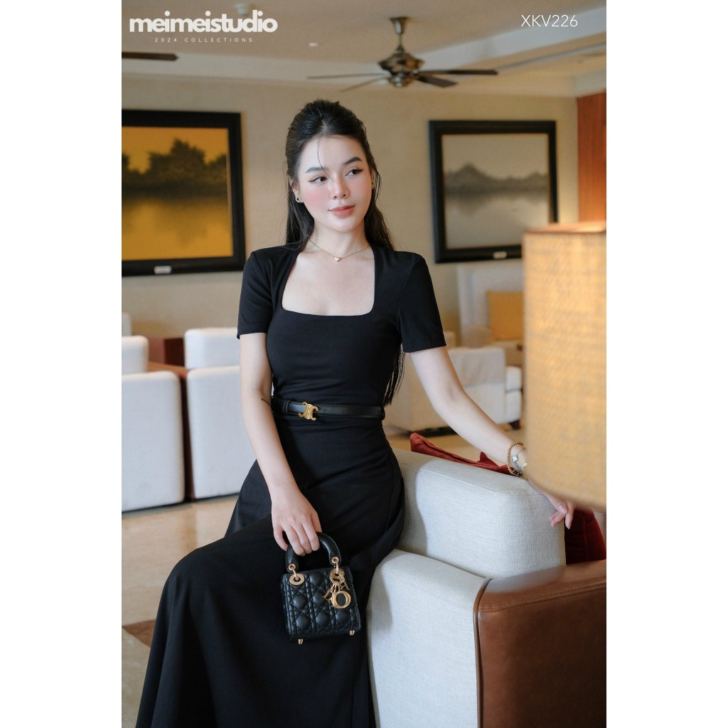 Đầm váy cộc tay cổ thang kèm đai dáng xòe, Váy tay ngắn hở cổ chiết eo kèm belt dáng dài thanh lịch sang chảnh