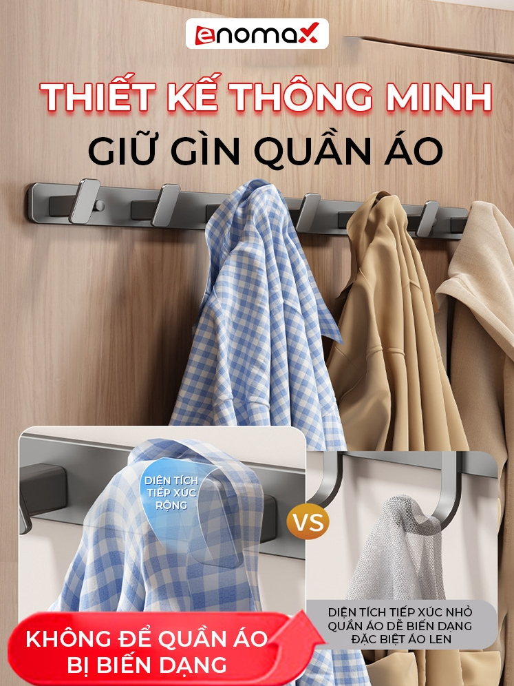 Ảnh Móc treo quần áo dán tường Enomax đa năng chịu lực, chất liệu nhôm hàng không chống gỉ, tặng kèm keo dán 12g (Eno 0176) 3