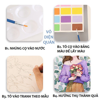 [ Kèm màu & cọ ] Set 4 bức tranh tô màu nước khổ A4 - Tranh tô màu phong cảnh hoa lá - thiếu nữ thanh xuân