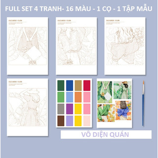 [ Kèm màu & cọ ] Set 4 bức tranh tô màu nước khổ A4 - Tranh tô màu phong cảnh hoa lá - thiếu nữ thanh xuân