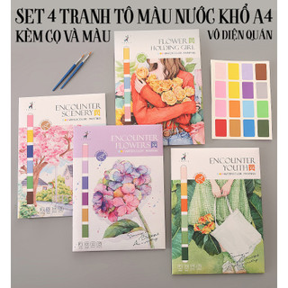 [ Kèm màu & cọ ] Set 4 bức tranh tô màu nước khổ A4 - Tranh tô màu phong cảnh hoa lá - thiếu nữ thanh xuân