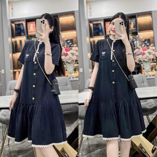 Váy Bầu - Kẻ Xanh Thêu Nơ Cúc Vàng & Kẻ Xanh Sơ Mi Thêu  [ MIỄN SHIP ]
