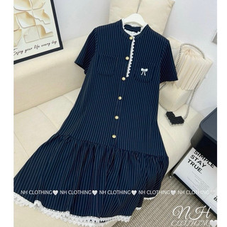 Váy Bầu - Kẻ Xanh Thêu Nơ Cúc Vàng & Kẻ Xanh Sơ Mi Thêu  [ MIỄN SHIP ]