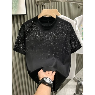 Áo Phông Nam , Áo Thun Đính Đá Chất Liệu Coton Đen Trắng