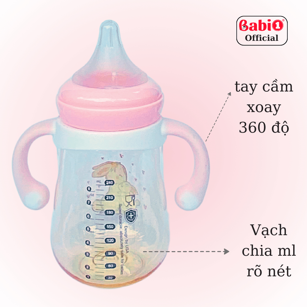 Bình Sữa Cho Bé BABIONE - Bình Sữa PPSU Cổ Rộng Chống Sặc Núm Size L Dung Tích 240ml Có Tay Cầm