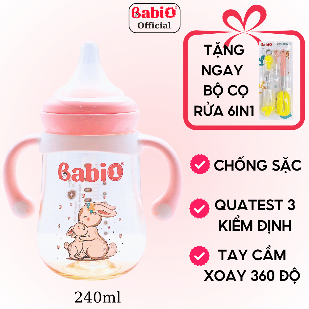 Bình Sữa Cho Bé BABIONE - Bình Sữa PPSU Cổ Rộng Chống Sặc Núm Size L Dung Tích 240ml Có Tay Cầm