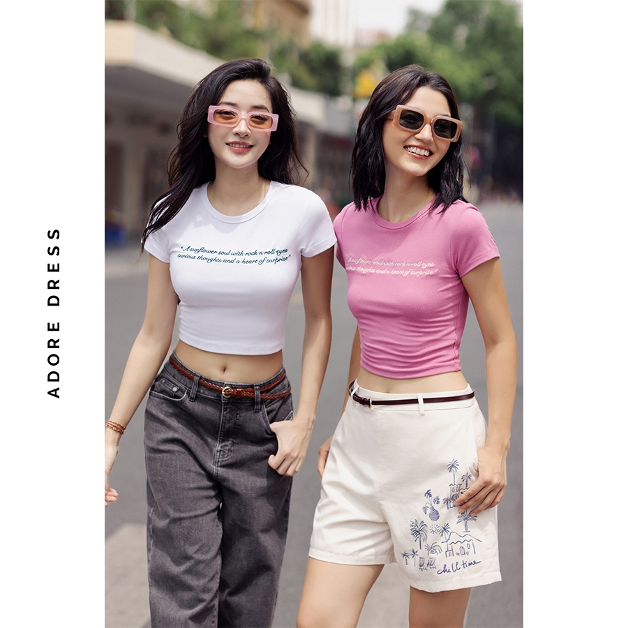 Ảnh Áo phông crop casual thun tăm nhiều màu thêu thân trước 411TS3004 ADORE DRESS 3