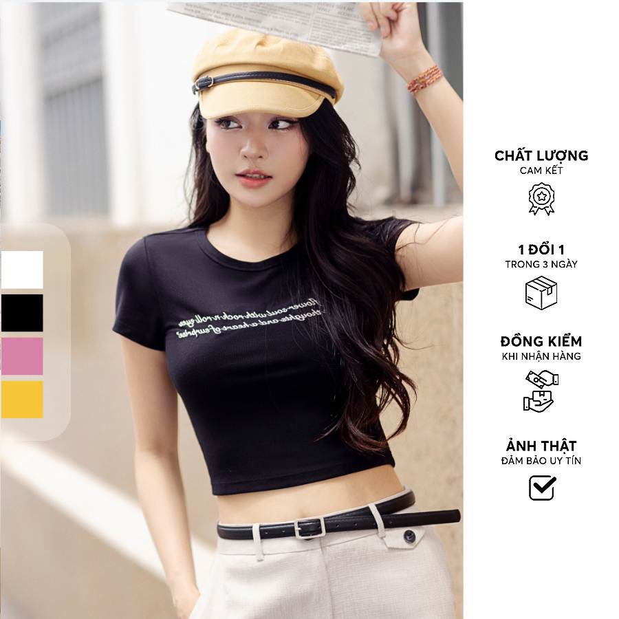 Ảnh Áo phông crop casual thun tăm nhiều màu thêu thân trước 411TS3004 ADORE DRESS 1