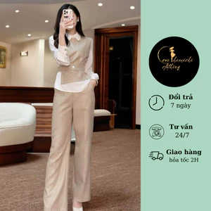 Set áo sơ mi phối dạ kẻ nâu đai eo đính cúc sang trọng KANETEE
