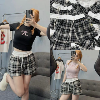 Quần short đùi nữ kẻ caro, quần đùi cạp cao lưng chun phối màu có dây rút_677