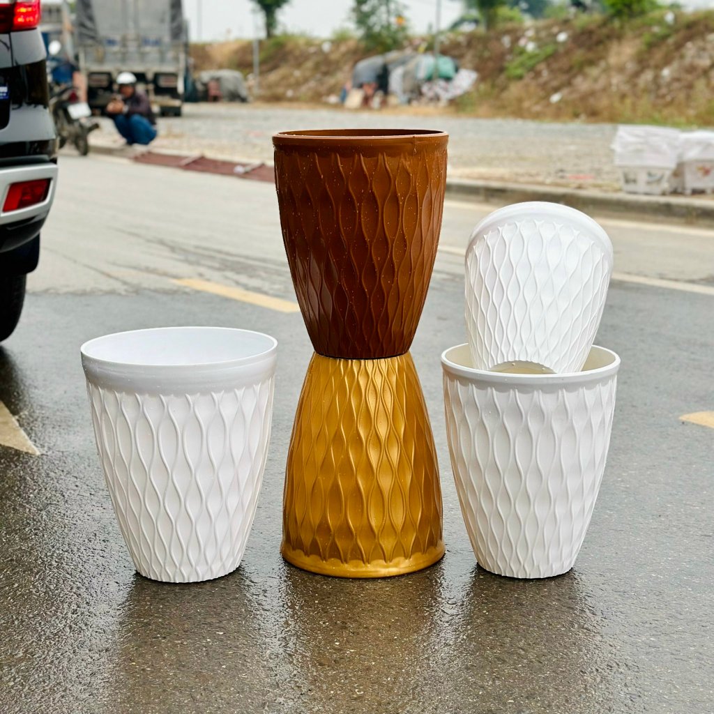CHẬU MẮT LƯỚI TRÒN GIẢ SỨ TRẮNG siêu sang ,chậu mắt lưới nhiều size MLT370 (37x45cm)