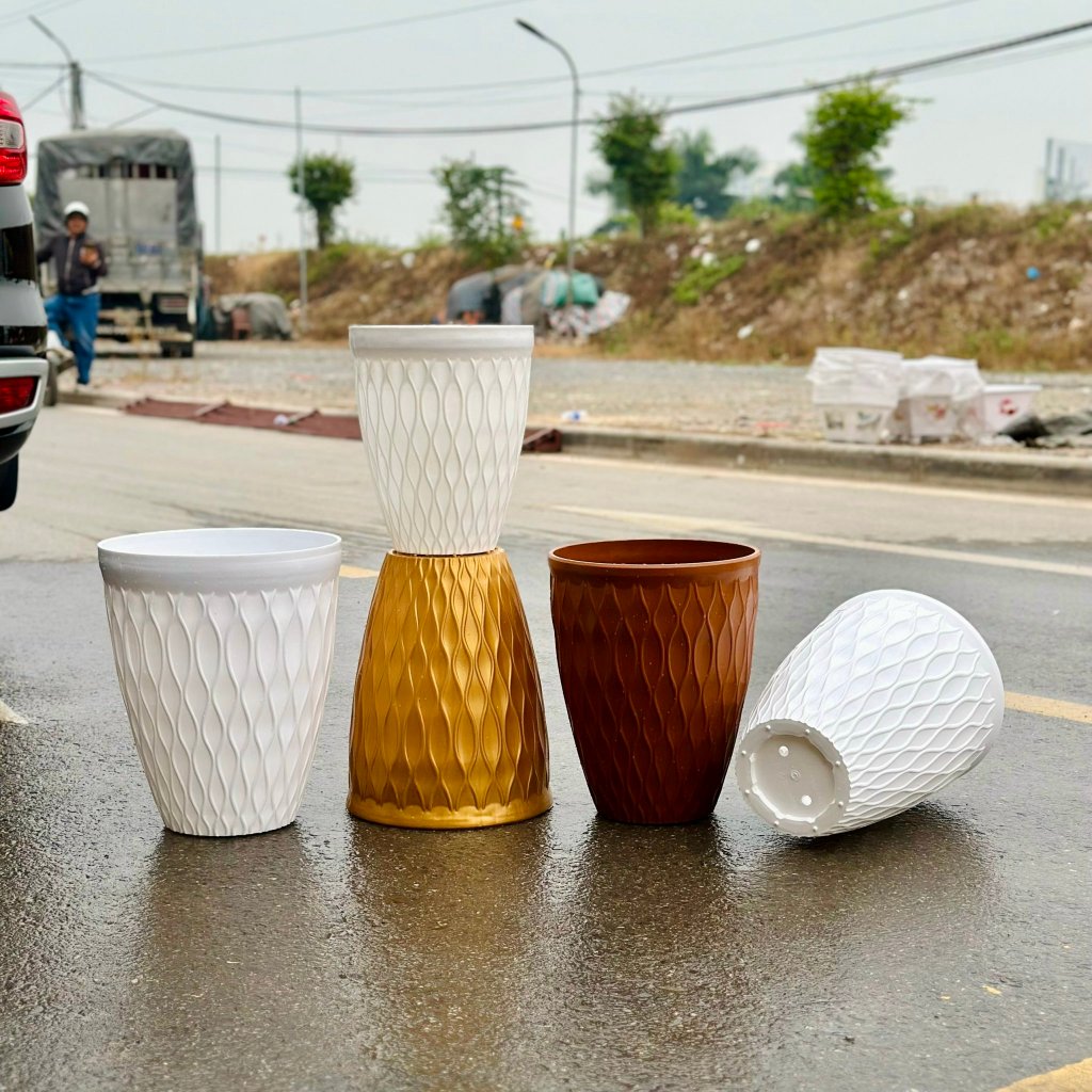 CHẬU MẮT LƯỚI TRÒN GIẢ SỨ TRẮNG siêu sang ,chậu mắt lưới nhiều size MLT370 (37x45cm)
