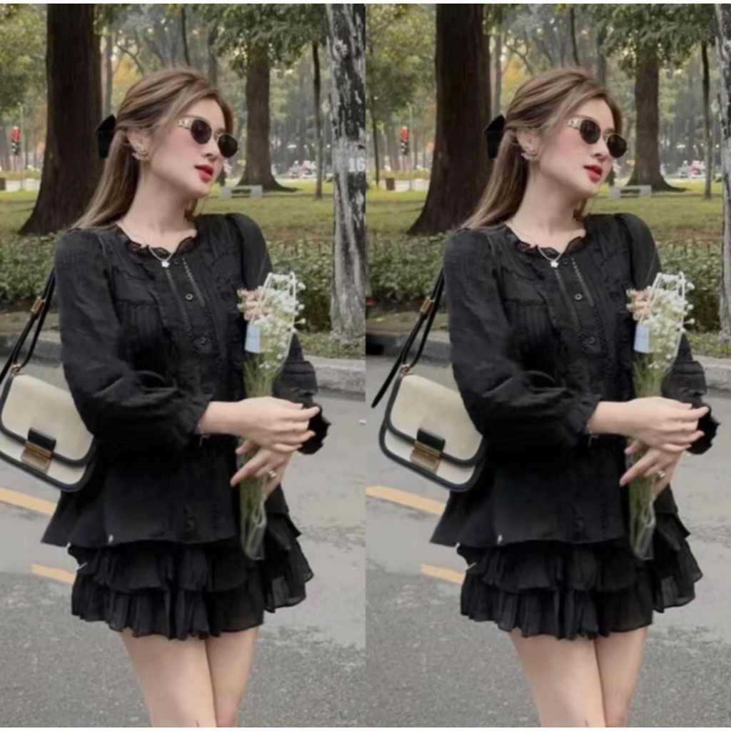 Set Áo Kiểu Babydoll Tay Dài Viền Ren Tơ Đũi Mát Mềm Bigsize 65-90kg ESHOP Đồ Mặc Nhà Sang Chảnh