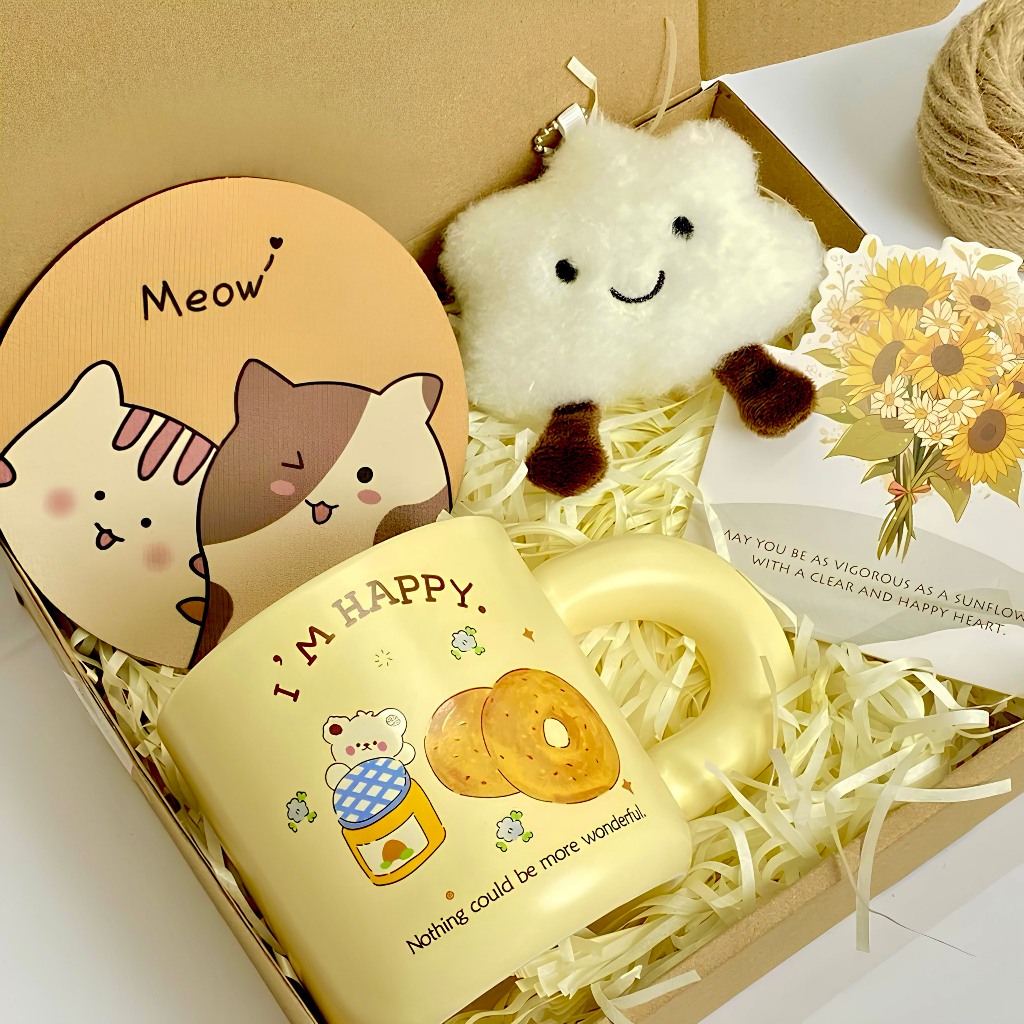 Set Quà Tặng Cốc Sứ Bánh Mỳ Happy, Gấu Thiệp Sinh Nhật, Tặng Bạn Bè Người Thân Kèm Lót Ly, Phụ Kiện Xinh Xắn