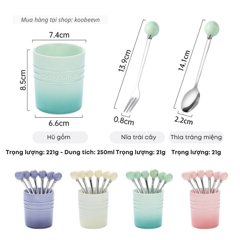 Bộ Thìa Nĩa Trái Cây Tráng Miệng KOOBEE Chất Liệu Inox 304 Tay Cầm Gốm Cao Cấp 4 Màu Sang Trọng | 125