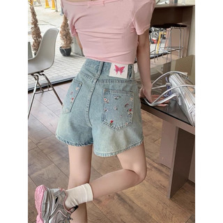 Quần Short Jean Form Chữ A Thêu Hoạ Tiết Hoa 2 Túi Sau Che Đùi To Minijean