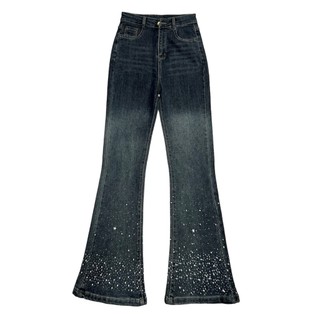 Quần jeans loe đính đá Yến Tee , màu loang đen đẹp lạ mặc đi học #10088