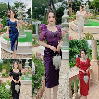 Đầm body thiết kế phi lụa tay phồng đính đá ngực cao cấp tặng hoa tai TN