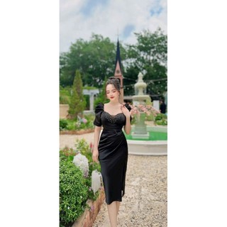 Đầm body thiết kế phi lụa tay phồng đính đá ngực cao cấp tặng hoa tai TN