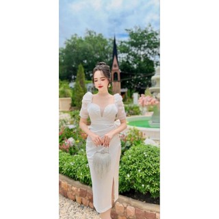 Đầm body thiết kế phi lụa tay phồng đính đá ngực cao cấp tặng hoa tai TN