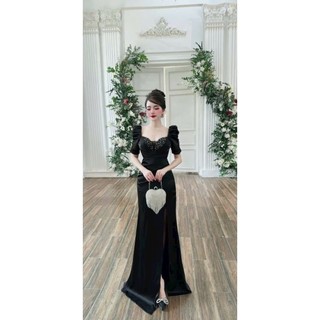 Đầm dạ hội thiết kế phi lụa tay phồng đính đá ngực cao cấp, đầm trung niên sang trọng tko