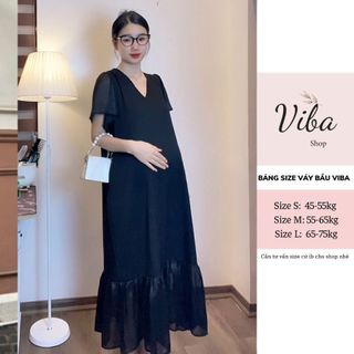 Đầm bầu dáng dài  ViBa [VB12] màu đen cổ tim có 2 túi