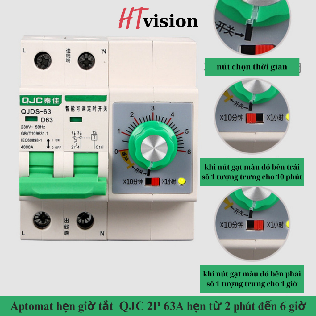 Aptomat hẹn giờ tắt QJC 2P 63A hẹn từ 2 phút đến 6 giờ, hẹn giờ tắt đếm ...