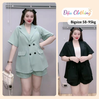 Set Blazer bigsize gồm áo cổ vest cộc tay kèm quần short màu trơn basic chất cotton lạnh SVET
