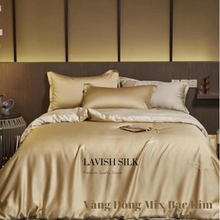 [Best Seller]Bộ Chăn Ga Gối Lụa LS Lavish Silk Cao Cấp Mát Lạnh Hàng Loại 1 - Vàng Đồng Mix Bạc Kim
