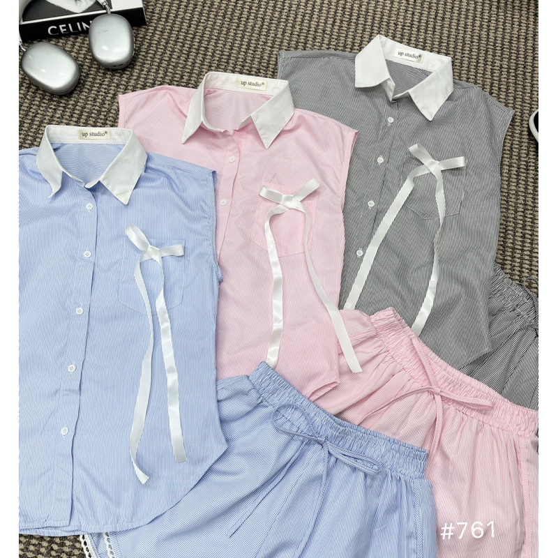 Set Bộ Nữ Kẻ Áo Sơ Mi Mix Quần Sooc đùi mặc đi biển mùa hè, đi chơi SANA CLOSET