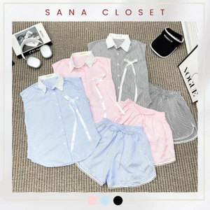 Set Bộ Nữ Kẻ Áo Sơ Mi Mix Quần Sooc đùi mặc đi biển mùa hè, đi chơi SANA CLOSET