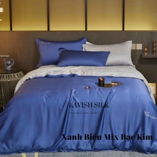 [Best Seller]Bộ Chăn Ga Gối  Lụa LS Lavish Silk Cao Cấp Mát Lạnh Hàng Loại 1-Xanh Biển Mix Bạc Kim