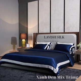 [Best Seller]Trọn Bộ Chăn Ga Gối Lụa Lavish Silk Cao Cấp Mát Lạnh Hàng Loại 1-Xanh Đen Mix Trắng