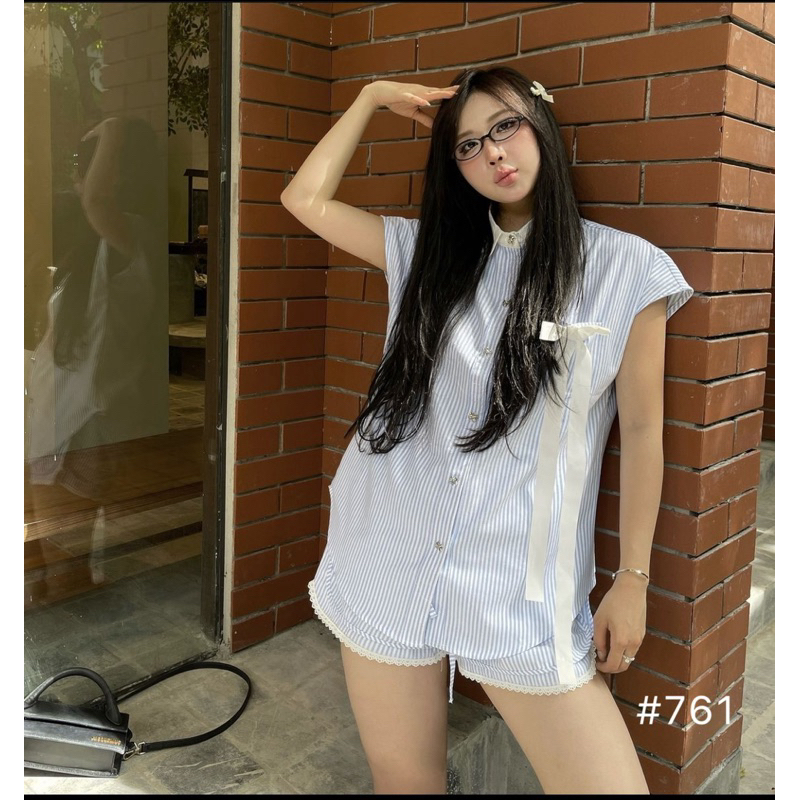 Set Bộ Nữ Kẻ Áo Sơ Mi Mix Quần Sooc đùi mặc đi biển mùa hè, đi chơi SANA CLOSET