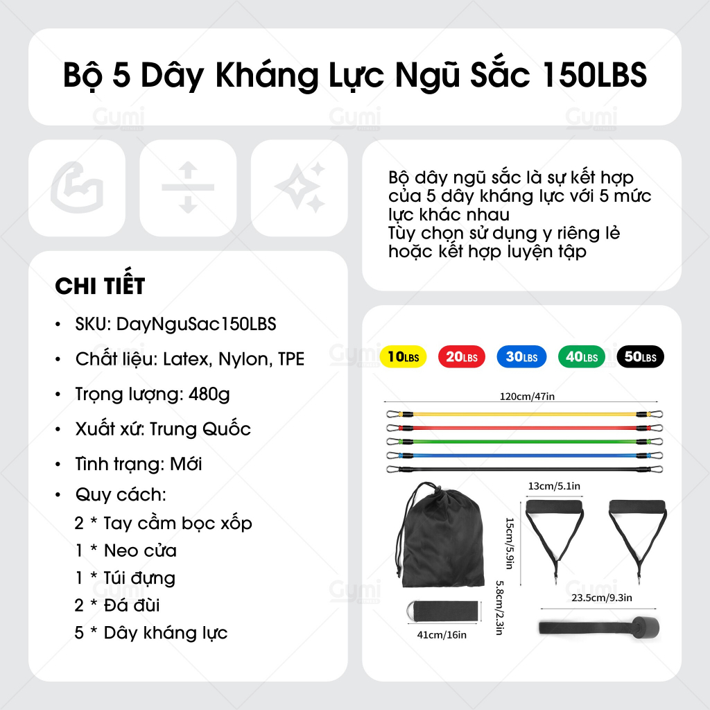 [150LBS - 11 Phụ Kiện] Bộ 5 Dây Ngũ Sắc Kháng Lực Nặng Đô Tập Thể Hình Toàn Thân Kèm Neo Cửa, Đá Đùi - NguSac150LBS