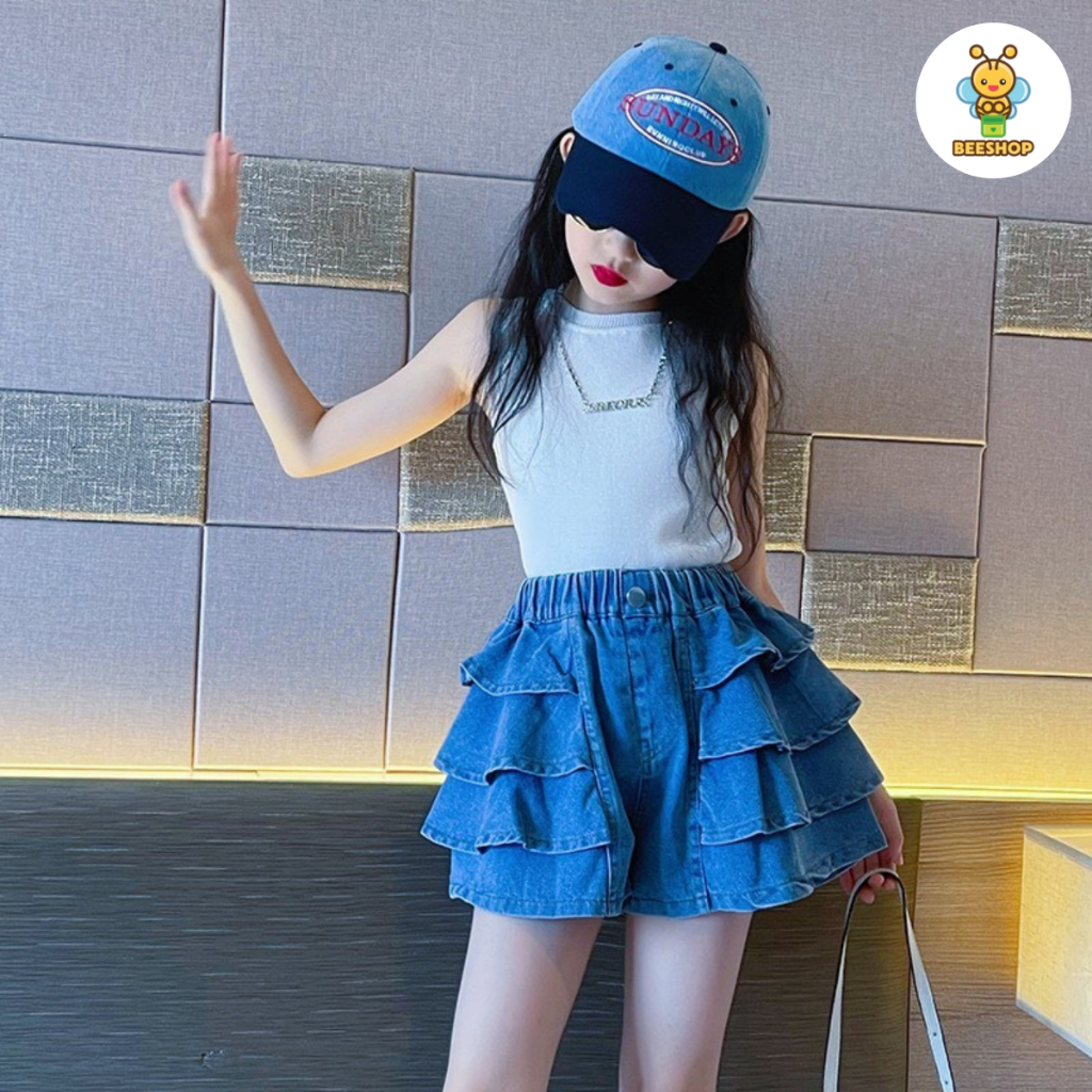Quần sooc jeans váy 3 tầng cho bé size đại BEESHOP H26001