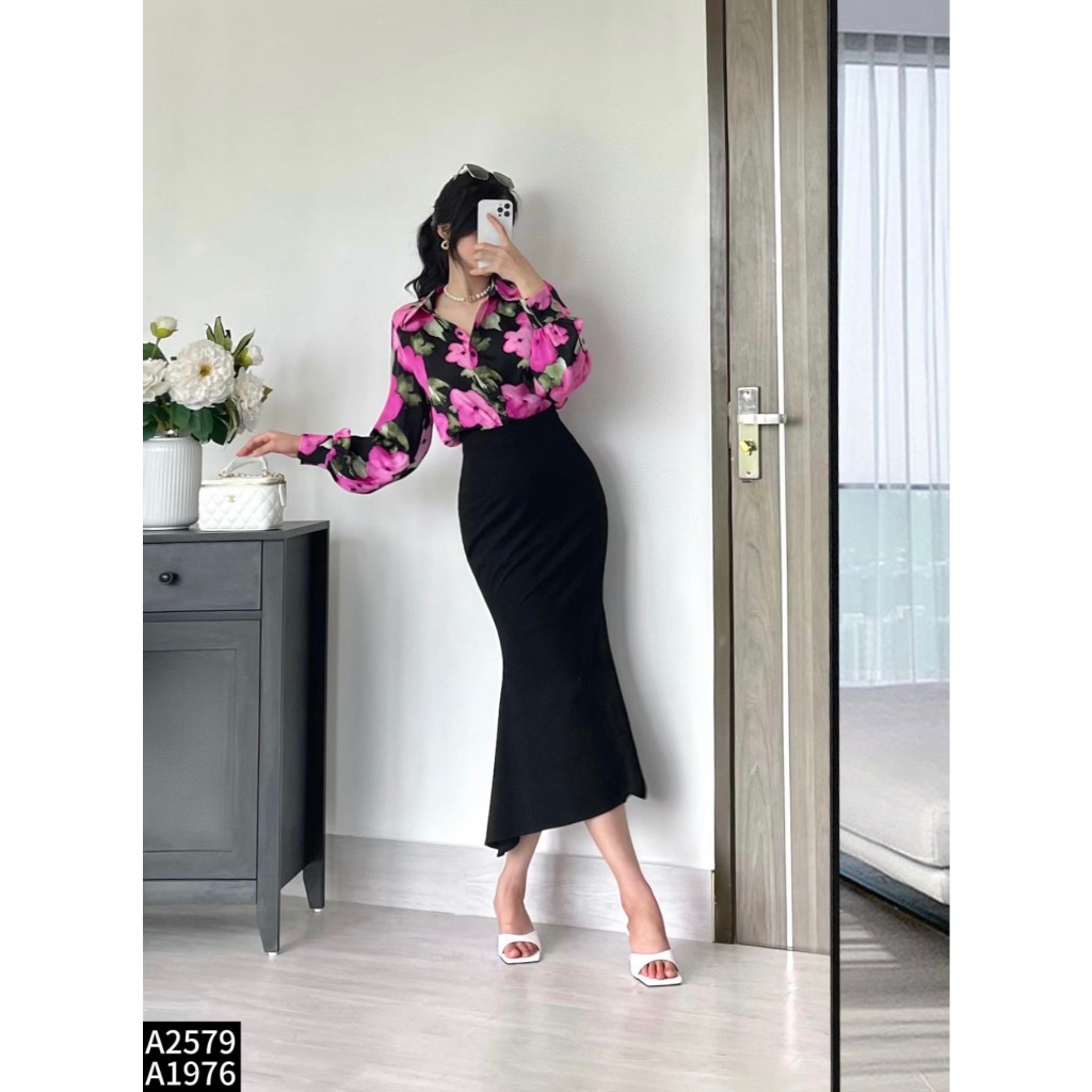 Set bộ áo sơ mi lụa phối chân váy đuôi cá umi A2579
