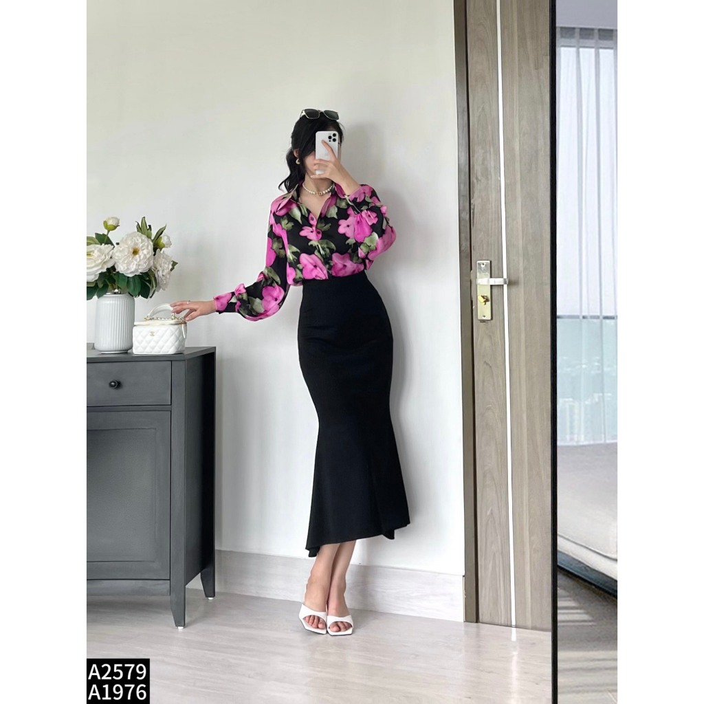 Set bộ áo sơ mi lụa phối chân váy đuôi cá umi A2579
