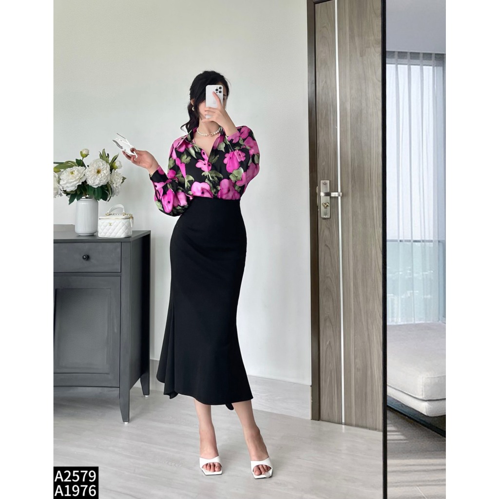 Set bộ áo sơ mi lụa phối chân váy đuôi cá umi A2579