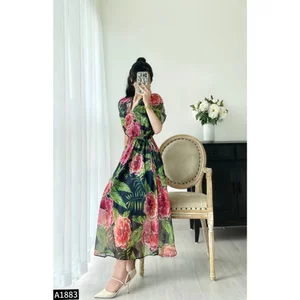 Đầm midi tơ cổ V chun eo A1883 cho các nàng dự tiệc