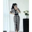 Đầm lụa họa tiết cổ V phối viền A2540