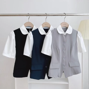 Áo Peplum Phối Màu 2 Nắp Túi MINZ STORE Mã 6024, Thiết Kế Ngắn Tay Phong Cách Hàn Quốc