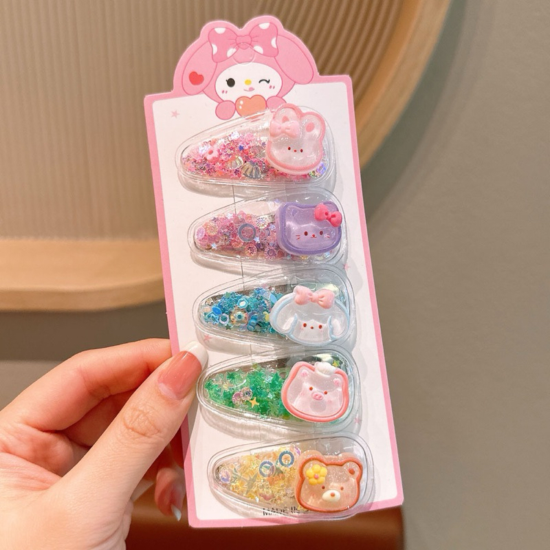 Vỉ 5 Kẹp Tóc Mái Bật Đính Kim Tuyến Lấp Lánh Charm Hoạt Hình Xinh Xắn Cho Bé Phụ Kiện Tóc Nữ Empoli